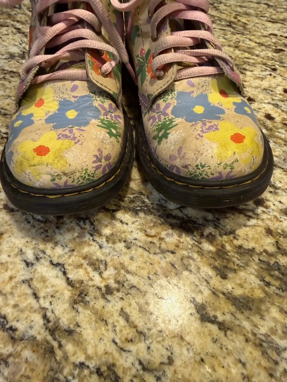 Dr. Martens Floral Print Lace-Up Combat Boots with Pink Laces